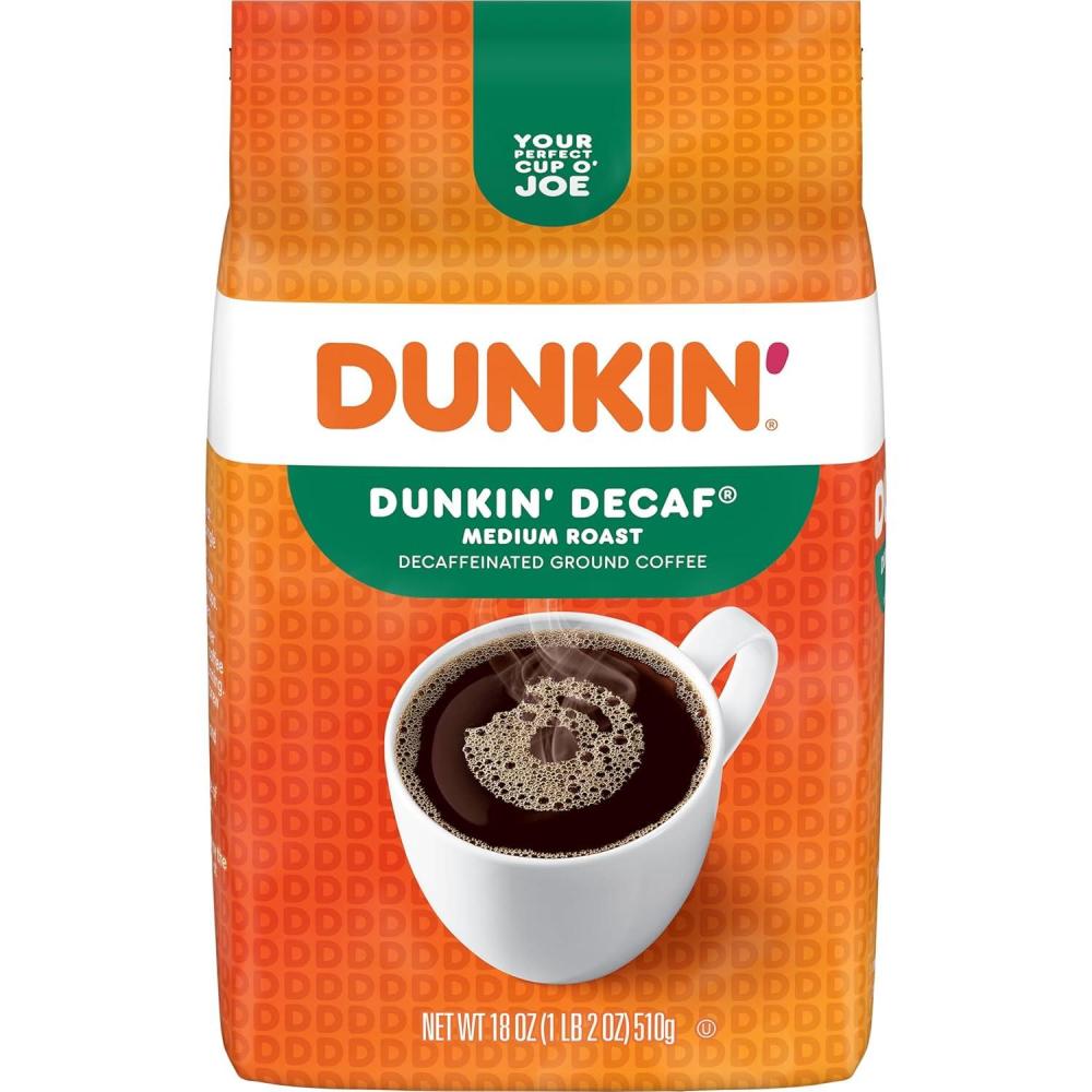 imageDunkin Decaf Ground Coffee Medium Roast 18 Ounce Bag18 Ounce Pack of 1