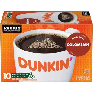 Dunkin’ 100% Colombian Medium Roast Coffee, 10 Keurig K-Cup Pods(10 Count (Pack of 1))